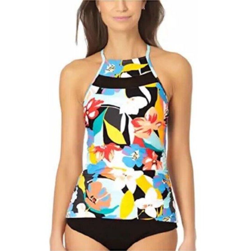 Anne Cole Modern Blooms Mesh Insert Hi-Neck Tankini Multi SM